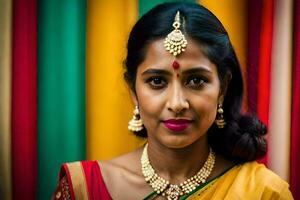 en kvinna i en sari med Smycken och Smycken. ai-genererad foto