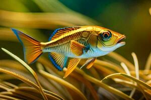 en fisk med blå ögon och en gul kropp är i de gräs. ai-genererad foto