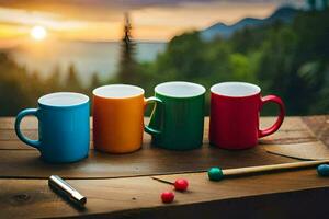 färgrik kaffe muggar på en tabell med en solnedgång i de bakgrund. ai-genererad foto