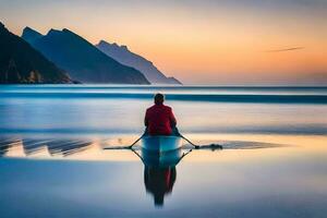 en man i en kanot paddling i de hav på solnedgång. ai-genererad foto