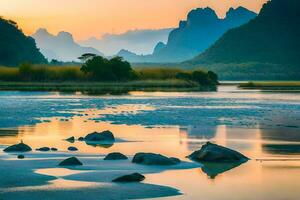 de bergen är reflekterad i de vatten på solnedgång. ai-genererad foto