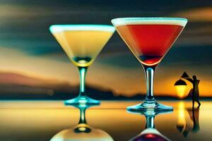 två glasögon av cocktails på en tabell. ai-genererad foto