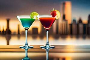 två cocktails med färgrik frukt på de tabell. ai-genererad foto