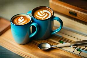 två blå koppar av kaffe på en trä- tabell. ai-genererad foto