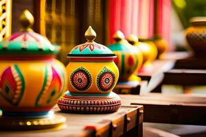 färgrik vaser på visa i en tempel. ai-genererad foto