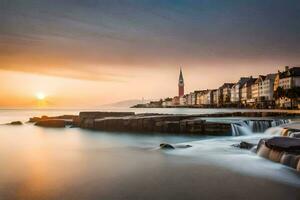 en lång exponering fotografera av en stad på solnedgång. ai-genererad foto