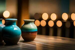 tre vaser på en trä- tabell med suddig lampor. ai-genererad foto