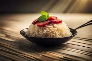 en skål av ris med jordgubbar och mynta löv. ai-genererad foto