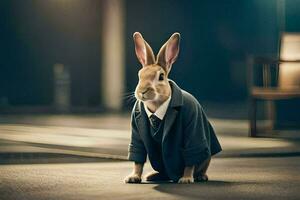 en kanin bär en kostym och slips. ai-genererad foto