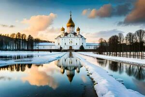 de kyrka av de helig korsa i de vinter. ai-genererad foto