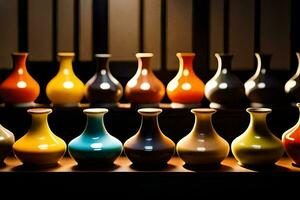 en rad av färgrik vaser sitta på en tabell. ai-genererad foto