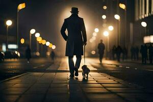 en man i en topp hatt och täcka promenader hans hund ner en stad gata på natt. ai-genererad foto