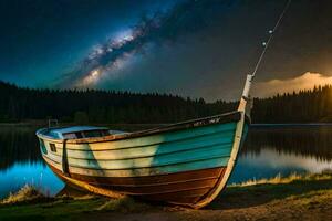 en båt sitter på de Strand av en sjö på natt. ai-genererad foto