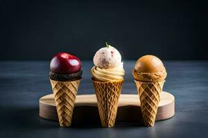 tre is grädde koner med annorlunda smaker på en trä- stå. ai-genererad foto