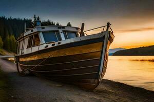 en båt sitter på de Strand av en sjö på solnedgång. ai-genererad foto