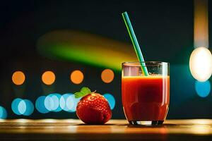 en glas av juice med en sugrör och en jordgubbe. ai-genererad foto