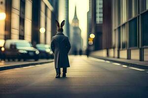 en kanin bär en täcka och hatt står i de mitten av en stad gata. ai-genererad foto