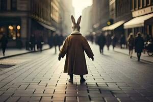 en kanin bär en täcka och hatt är gående ner en gata. ai-genererad foto