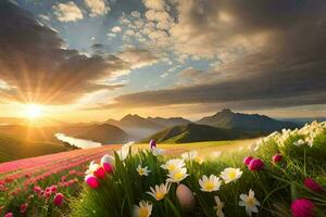 de Sol stiger över de bergen och blommor i de fält. ai-genererad foto