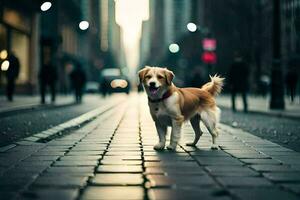 en hund stående på en gata i de stad. ai-genererad foto