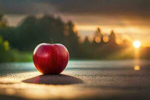 ett äpple sitter på de jord i främre av de Sol. ai-genererad foto