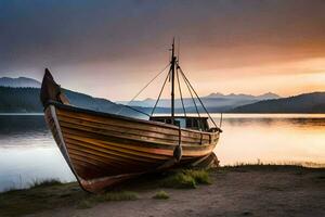 en båt sitter på de Strand på solnedgång. ai-genererad foto