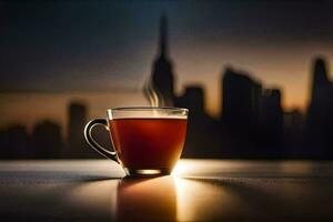 en kopp av te sitter på en tabell i främre av en stad horisont. ai-genererad foto