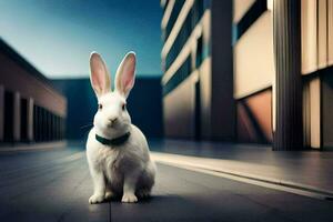 en vit kanin Sammanträde på de jord i främre av en byggnad. ai-genererad foto