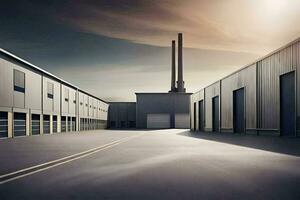 ett tömma industriell byggnad med en fabrik i de bakgrund. ai-genererad foto