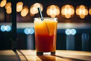 en glas av orange dryck med en sugrör. ai-genererad foto