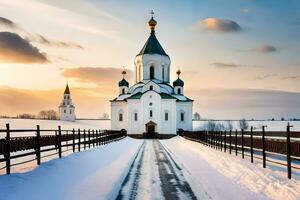 en kyrka i de snö med en väg ledande till Det. ai-genererad foto
