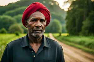ett afrikansk man bär en röd turban står i en fält. ai-genererad foto
