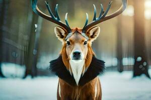 en rådjur med horn i de snö. ai-genererad foto