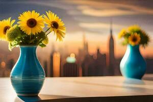 solrosor i vaser på en tabell med en stad i de bakgrund. ai-genererad foto