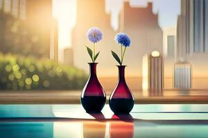 två vaser med blommor på en tabell i främre av en stadsbild. ai-genererad foto