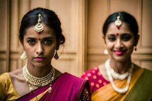 två kvinnor i traditionell saris utgör för de kamera. ai-genererad foto