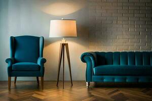 en blå soffa och stol i främre av en lampa. ai-genererad foto