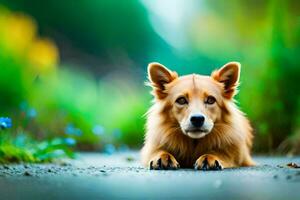 en hund om på de jord i främre av en grön bakgrund. ai-genererad foto