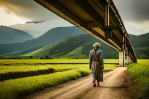 en man gående under en bro i de mitten av en fält. ai-genererad foto