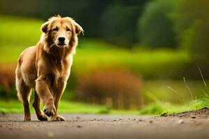 en gyllene retriever gående på en väg. ai-genererad foto