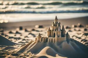 en sand slott på de strand. ai-genererad foto