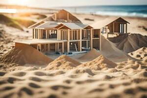 en modell av en hus på de strand med sand. ai-genererad foto