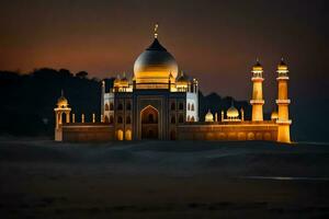 de taj mahal på natt, Indien. ai-genererad foto