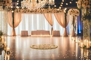 en bröllop ceremoni är uppsättning upp i en rum med ljus och blommor. ai-genererad foto