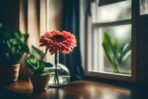 en blomma sitter på en fönster tröskel Nästa till en fönster. ai-genererad foto