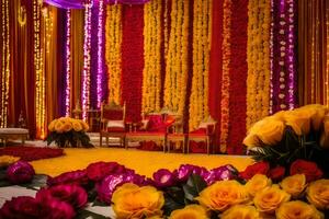 en färgrik bröllop skede med blommor och stolar. ai-genererad foto