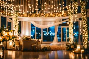 en bröllop reception med ljus och lampor. ai-genererad foto