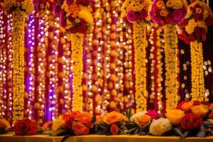 en bröllop reception med färgrik blommor och girlanger. ai-genererad foto