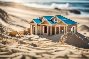 en miniatyr- hus är Sammanträde i de sand. ai-genererad foto