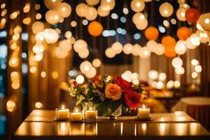 en tabell med ljus och blommor i främre av en sträng av lampor. ai-genererad foto